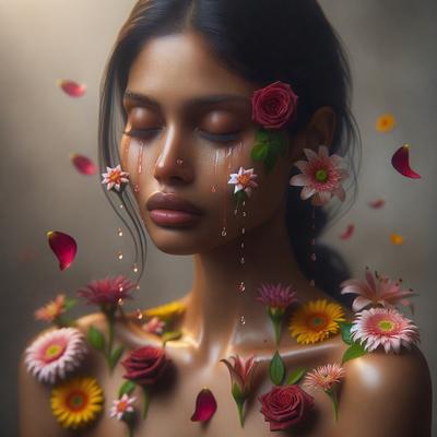 The primary subject of the image is a woman with a tear on her face, surrounded by a variety of flowers. The setting is a room with a backdrop of a wall, and the visual style is a combination of photo and digital art. The colors and mood of the image are predominantly pink and sad, with the woman's tear adding a sense of emotion to the scene.